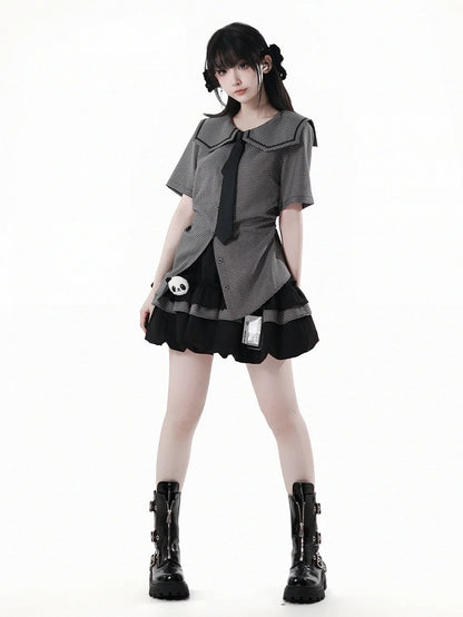 Bow Back Black Square Collar Self-tie Plaid Blouse with Necktie