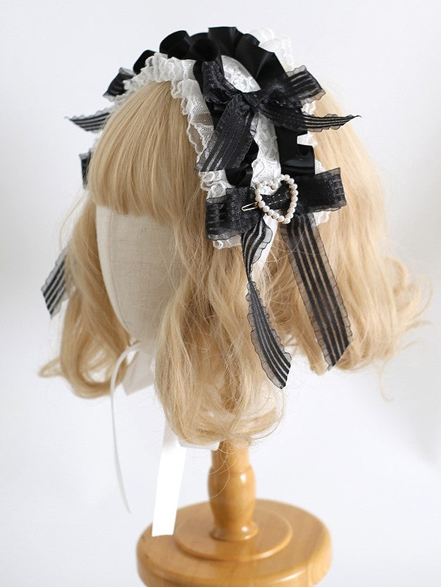 Perlenverziertes süßes Haarband mit Rüschendetails, Lolita-Herzschleife, Weiß/Schwarz