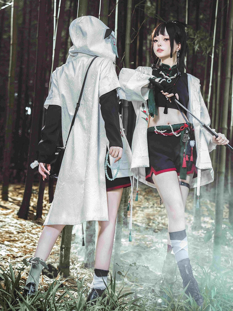 Mantel Panda Weiß Blatt Jacquard Kapuze Ohren Bambus