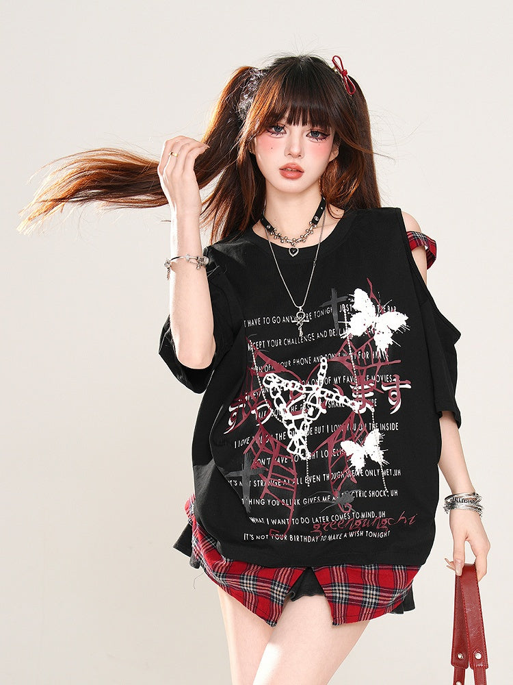 Rebel Hunter Butterfly and Spider Cutout Shoulder Plaid Patchwork Hem Black/White T-Shirt