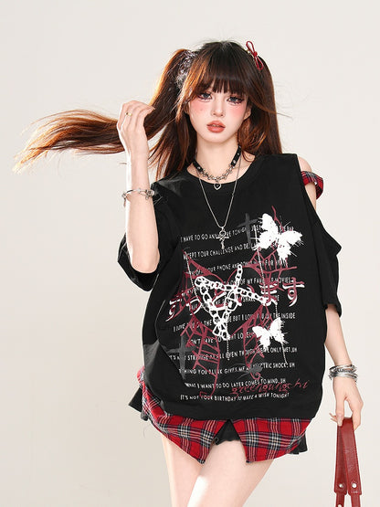 Rebel Hunter Butterfly and Spider Cutout Shoulder Plaid Patchwork Hem Black/White T-Shirt