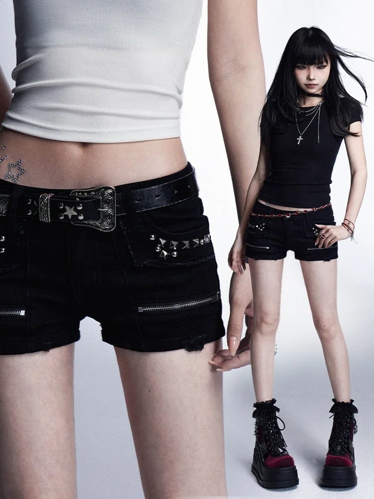 Zippers Black Detail Waist Studded Glamorous with Shorts Low
