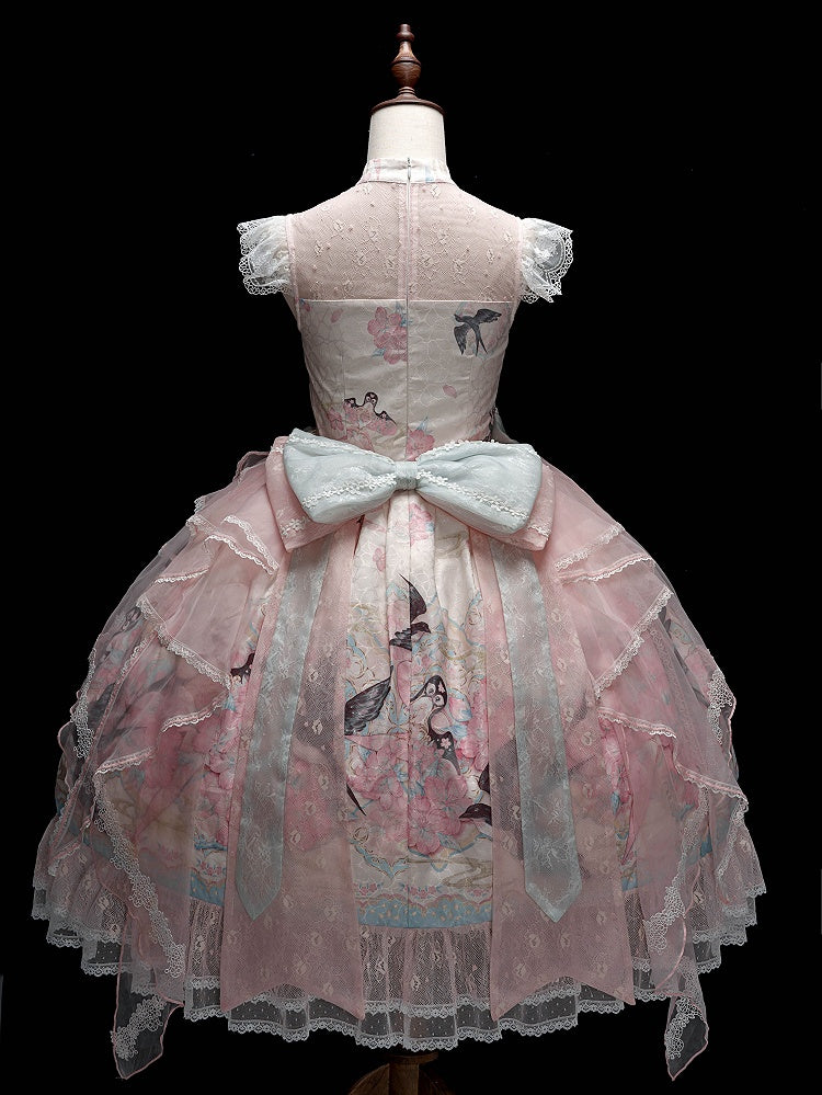 Pink Lace Qipao Collar Chinoiserie Lolita OP Dress with Swallow and Peach Blossom Print - Dream Magic Box