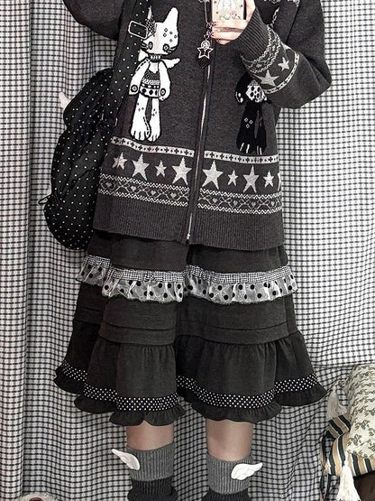 Ruffle Elastic kawaii Daily with Skirt Hemline Grey Waistband