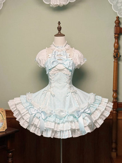 Dot Blue Lolita Neck Old Halter School Sleeves Versatile Dress Polka with Puff