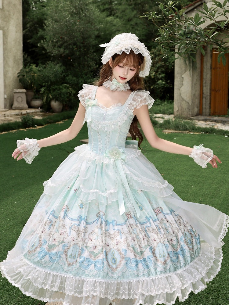 Mint Green Lily Print Lolita JSK Gown with Tulle Overlay and Back Bow Set - White Sugar Girl