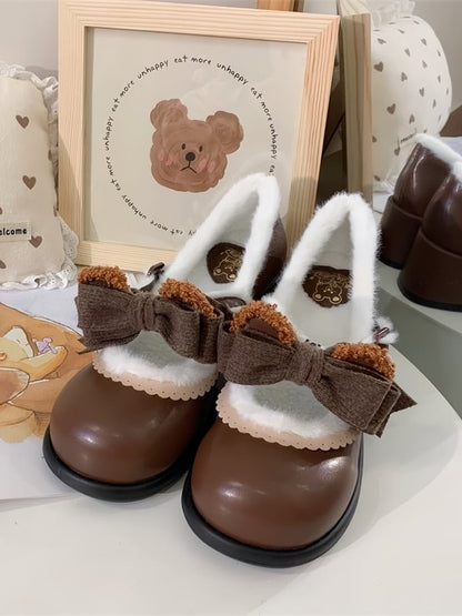 Chocolate Regular/Thicken Scalloped with Version - Sweet Bear-themed Lolita Trim Low/Mid Bow Removable Ornate Heels