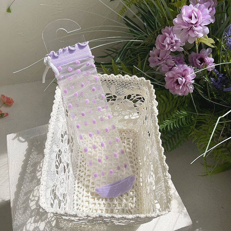 紫の水玉模様のリボンロリータアンクルソックス