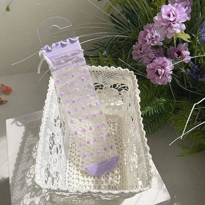 紫の水玉模様のリボンロリータアンクルソックス