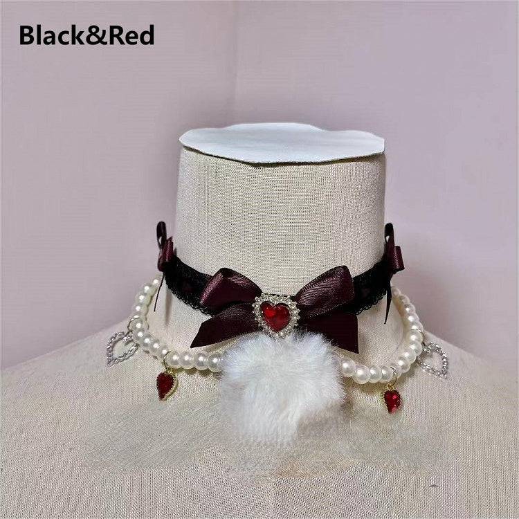 Heart Rhinestone Bow Choker Lace 6 Colors with Pendant