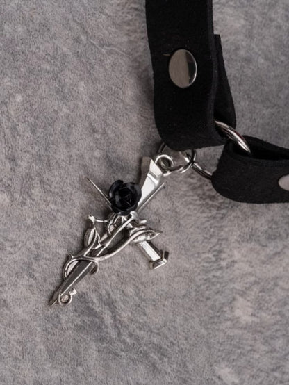 Cross Decorated Choker Pendant Rosette Black Gothic
