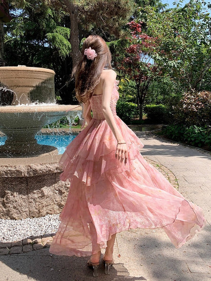 Pink Oil Painting Print Ruffle Trim Summer Holiday Dress - Qchiwawameme