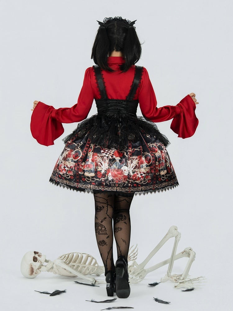 Bust Skull Short Gothic Spider Red and Under Rosette Lolita JSK Overlay with Dress Print Web