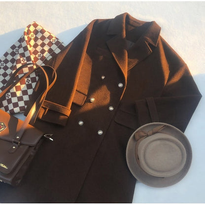 Brown Notched Collar Double-Breasted Woolen Coat