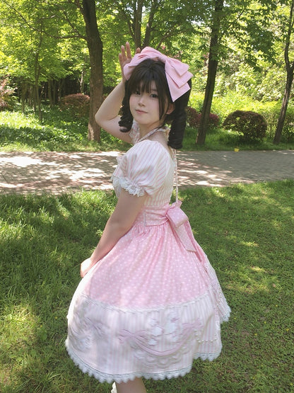 Polka Dot & Striped Pink Lolita Short Sleeve Dress with Poodle Patch - Infanta
