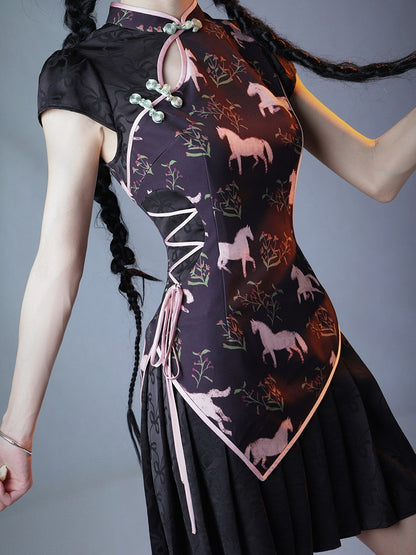 Sweet Cheongsam Dress with Horse Pattern & Pleated Skirt - sijinstudio