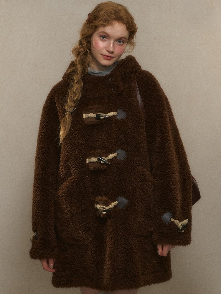 Beige/Brown Toggle Hood Coat with and Closure Long Vintage-Inspired Fleece