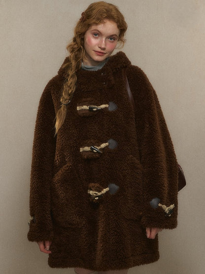 Beige/Brown Toggle Hood Coat with and Closure Long Vintage-Inspired Fleece