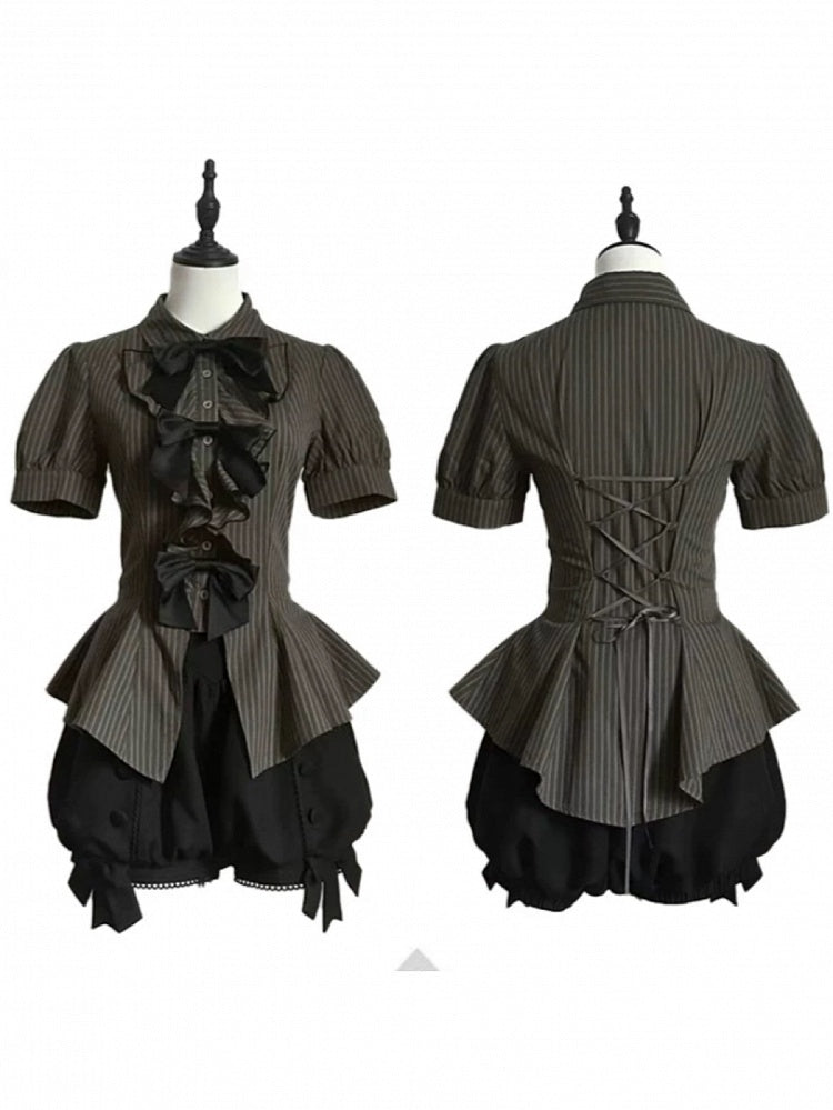 Brown Ouji Lolita Short Sleeve Blouse with Bow & Stripe Pattern - Danger Girl