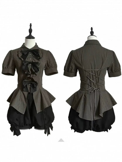 Brown Ouji Lolita Short Sleeve Blouse with Bow & Stripe Pattern - Danger Girl