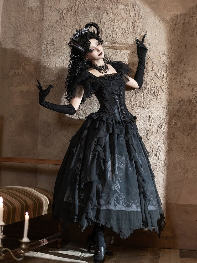 / Print Gothic with Lolita Trims Winged White Black Skirt Goat Cascading Ruffle