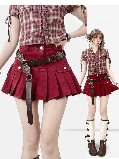 プリーツデニムスカート レッド クリスマス