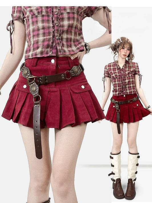 プリーツデニムスカート レッド クリスマス