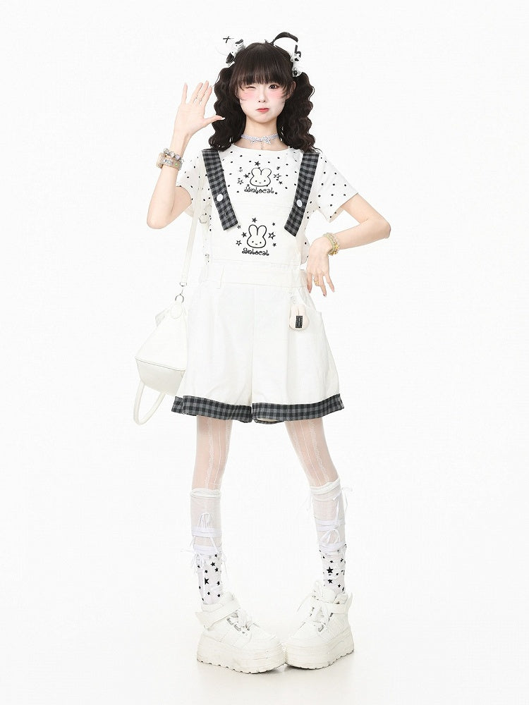 White Plaid Overall Shorts with Bunny Embroidery - Languid Park
