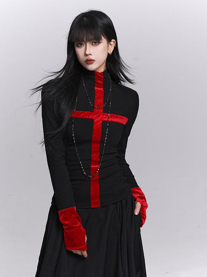 Neck Long Gothic Design Mock Cross with Sleeves Top Cuffs Black Thumbhole Red