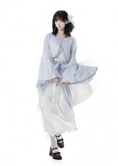 ホワイトのアシンメトリーメッシュヘムスカートバージョン（リボン付き）ショート/ロングセルフタイ