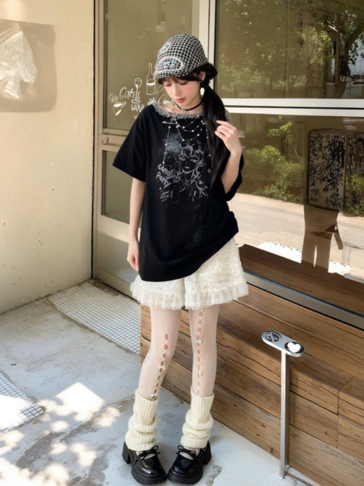 Y2K Black/White Ruffled Lace Trim Neckline T-Shirt Shoulder Cutout Girl Print Cotton
