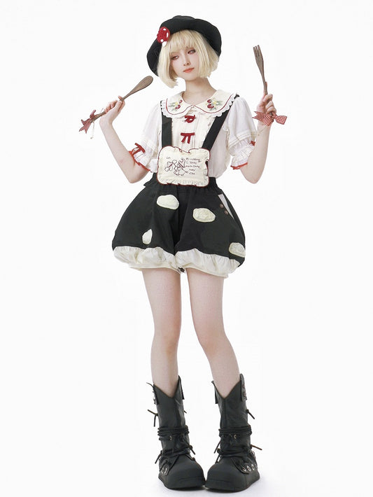 Mushroom Sweet Bubble Fleece Short Lolita White Straps Spot with Applique Black Detachable