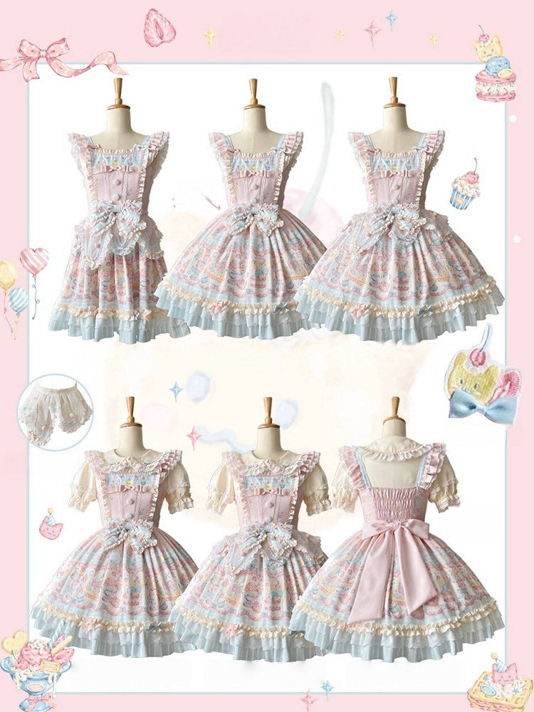 Dress Ruffle Bow Details JSK and Macaron with Lolita Print Sweet Cake Color