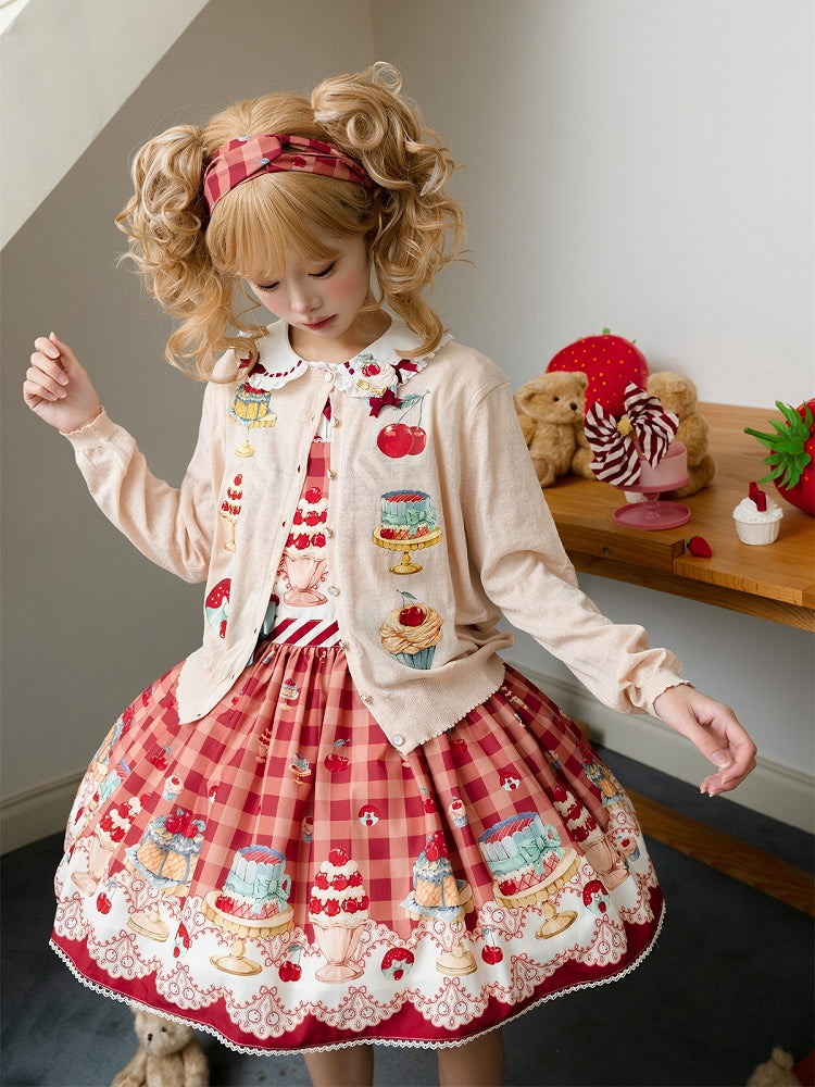 Aprikosenfarbene Strickjacke mit langen Ärmeln und Dessert-Print