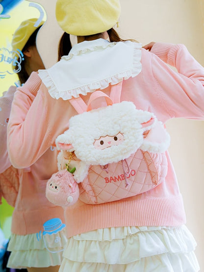 Diamond Letter Lamb Backpack Flap WhitePink Embroidery Plush Pattern