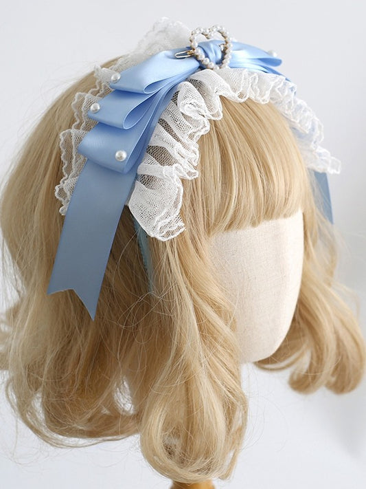 KC Beaded Decorated Bowknot Lolita BlueWhite Sweet Heart Ruffled Detachable