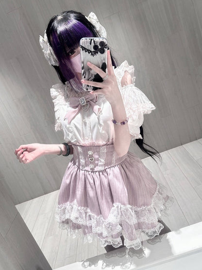 Pink Landmine Style Lace Trim High-Waist Skirt - Virtual Paradise