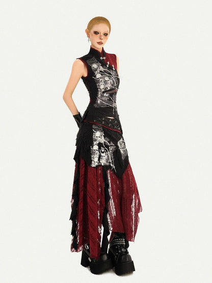 Black Chinese Style Banded Collar Sleeveless Top with Zipper Detail