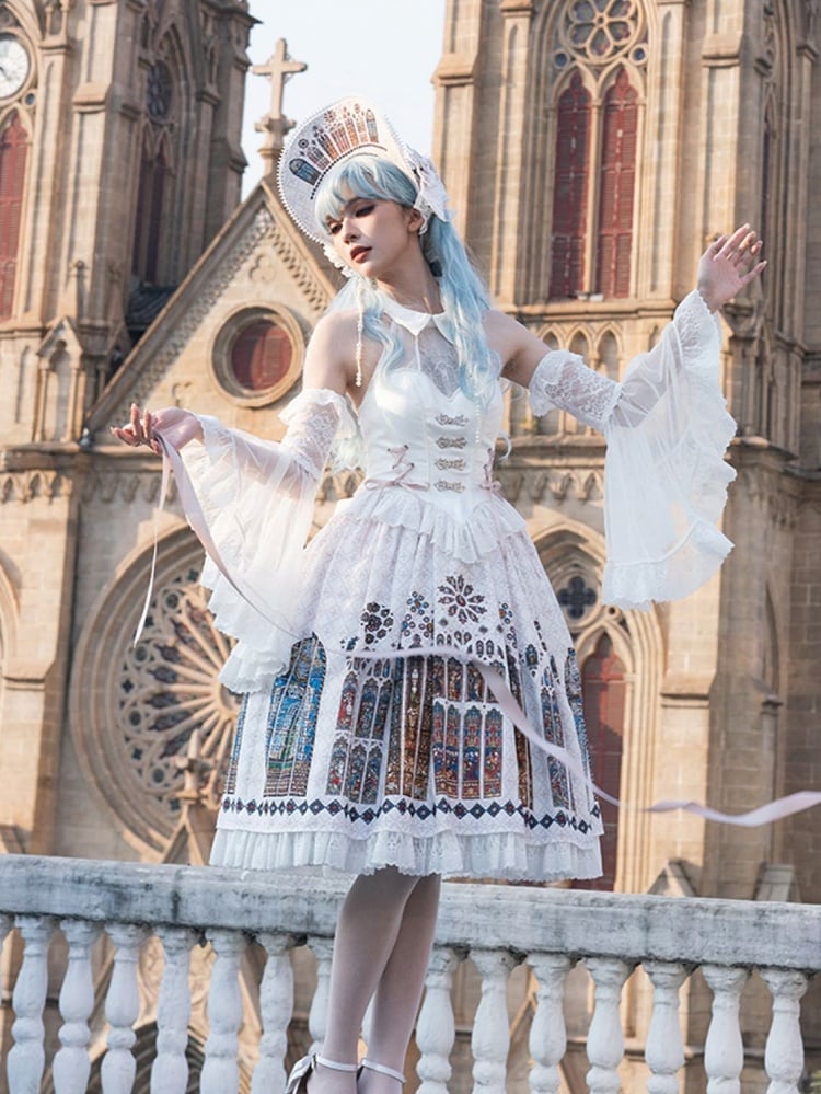 Window Halter White Gothic Lolita Neck Print Stained Jumper Church Skirt