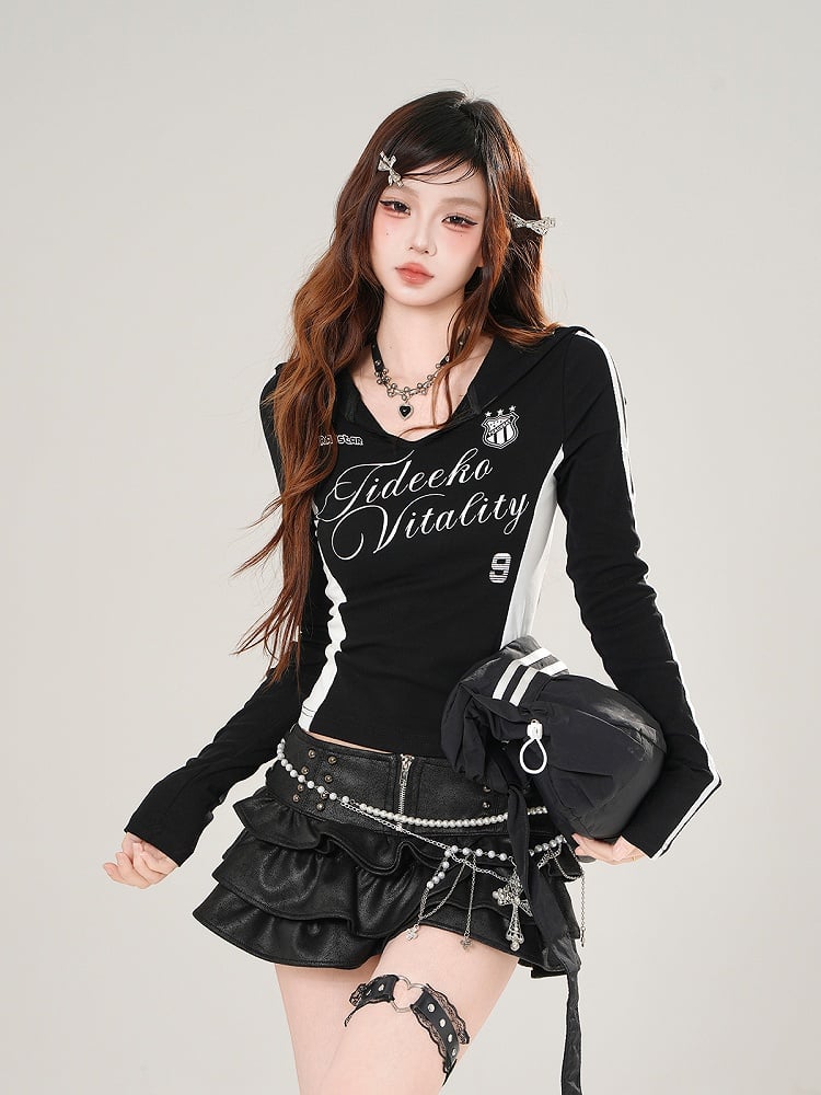 Sailor Block Graphic Top Collar Long Sleeve Prints White/Black with Color and