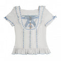 Blue Ryousangata Square Neck Short-Sleeve Cotton Blouse with Rhinestone Bow & Lace Details - Broken Bear