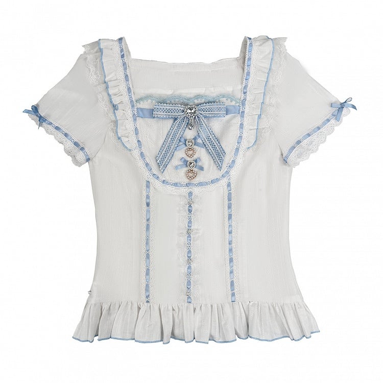 Blue Ryousangata Square Neck Short-Sleeve Cotton Blouse with Rhinestone Bow & Lace Details - Broken Bear