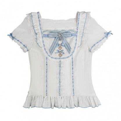 Blue Ryousangata Square Neck Short-Sleeve Cotton Blouse with Rhinestone Bow & Lace Details - Broken Bear