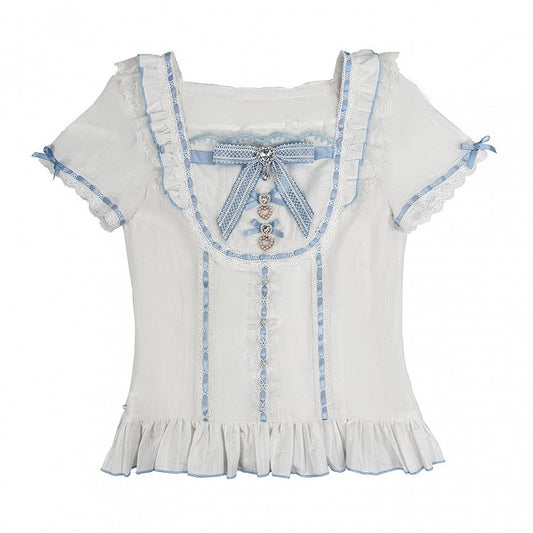 Blue Ryousangata Square Neck Short-Sleeve Cotton Blouse with Rhinestone Bow & Lace Details - Broken Bear