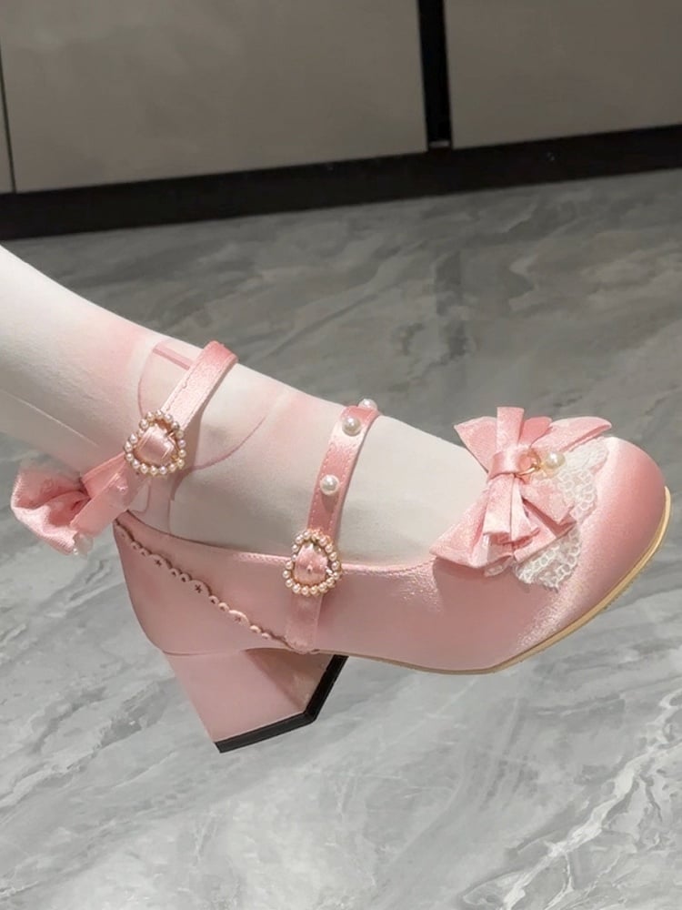 Sweet Pink Low-Heel Mary Janes with Beaded Heart by Mie Mie Shop