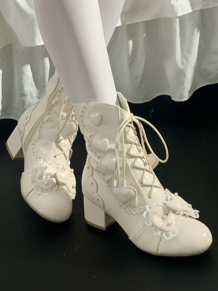 Heart Fastening Bow - Dual with PU Lolita Mid-Heel Boots Beaded Details Apricot Elegant