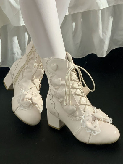 Heart Fastening Bow - Dual with PU Lolita Mid-Heel Boots Beaded Details Apricot Elegant