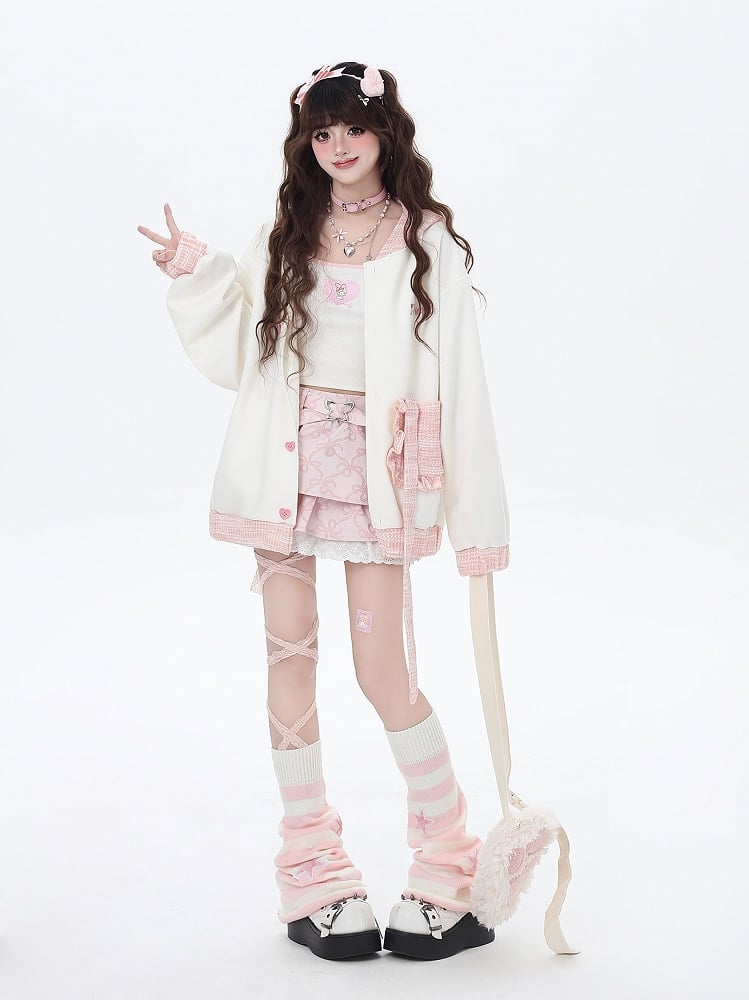 Apricot & Pink Heart-shaped Buttons Hoodie with Detachable Bunny Ear Design