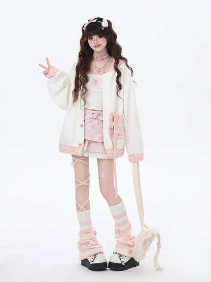 Apricot & Pink Heart-shaped Buttons Hoodie with Detachable Bunny Ear Design