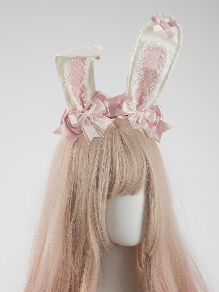 Polka-Dot Hair Bunny-Ear Pastel Lace Pink Clips with Bows